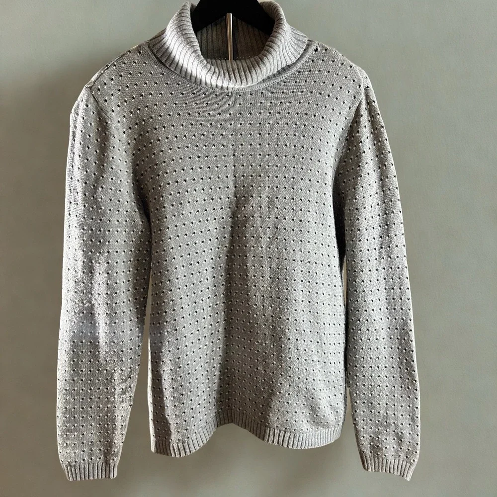 Karen Scott Mens Grey Cotton Turtleneck Knit Sweater Pointelle Size Medium